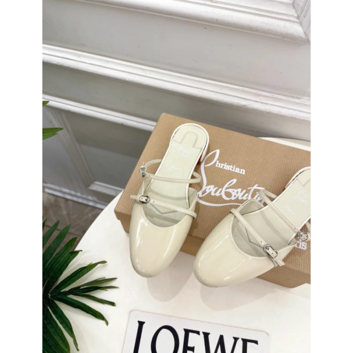 Christian Louboutin Cream Patent Leather Slingback Mary Jane Flat Mules