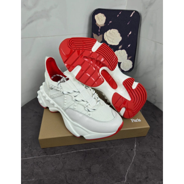 Christian Louboutin White Bubble‑Sole Lace‑Up Chunky Sneakers Red Inner Lining