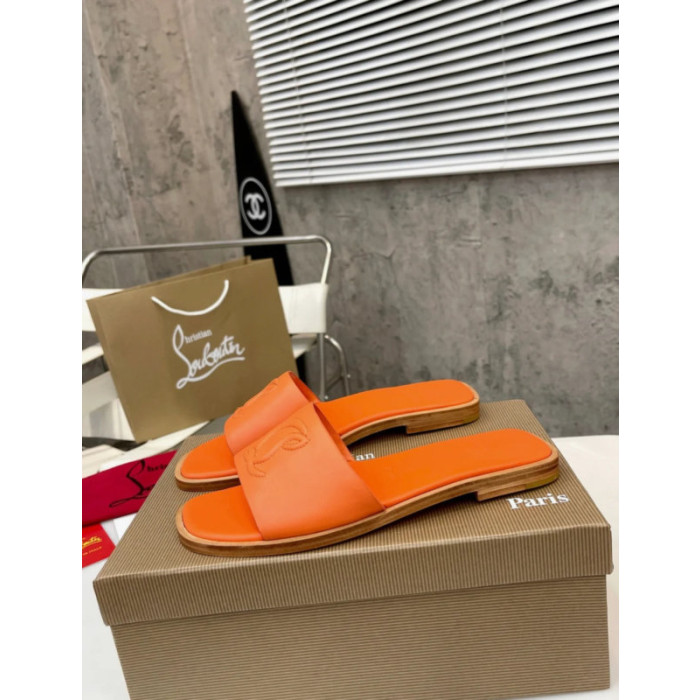 Christian Louboutin Vibrant Orange Leather Stitched Logo Wood‑trim Flat Slide
