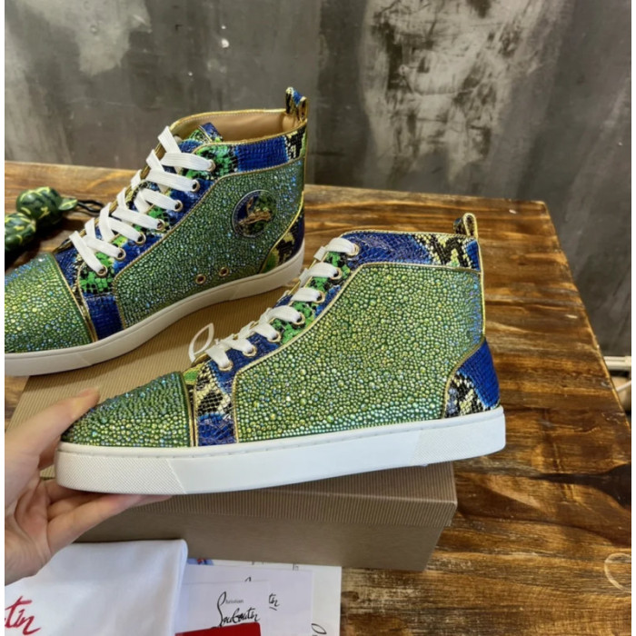 Christian Louboutin Green Crystal‑Embellished Snake‑Print High‑Top Sneakers
