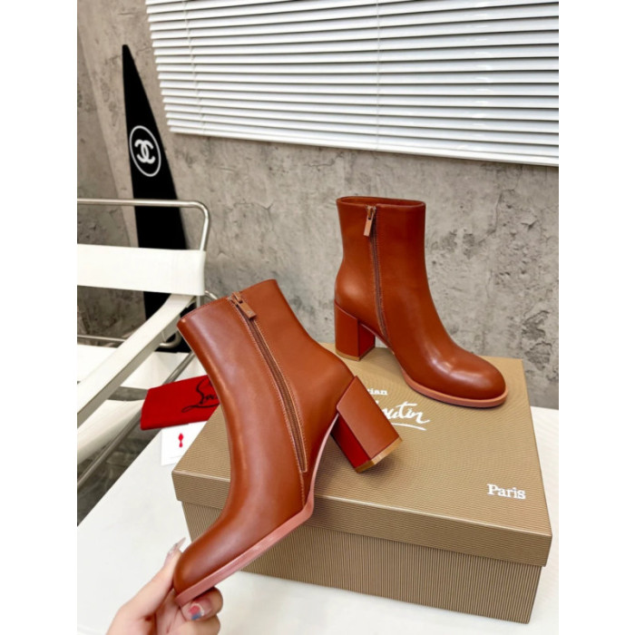 Christian Louboutin Cognac Brown Smooth Leather Side‑Zip Block Heel Ankle Boots 70mm heel