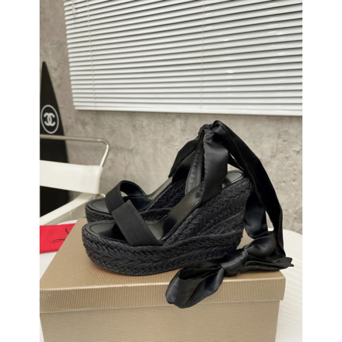 Christian Louboutin Black Fabric 120mm heel Wedge Ankle Tie Espadrille Sandal