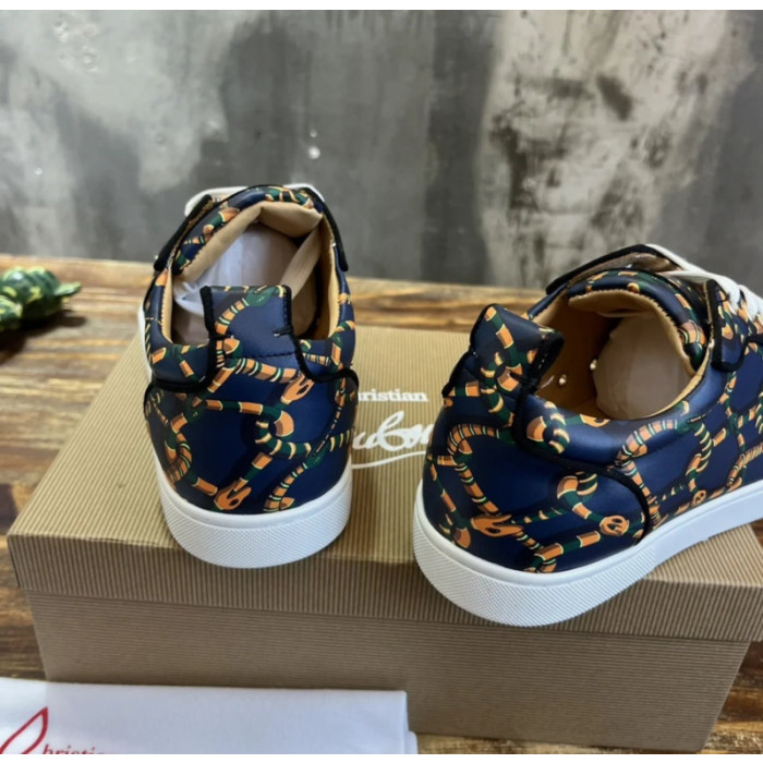 Christian Louboutin Navy Rope‑Print Gold‑Spiked Low‑Top Sneakers