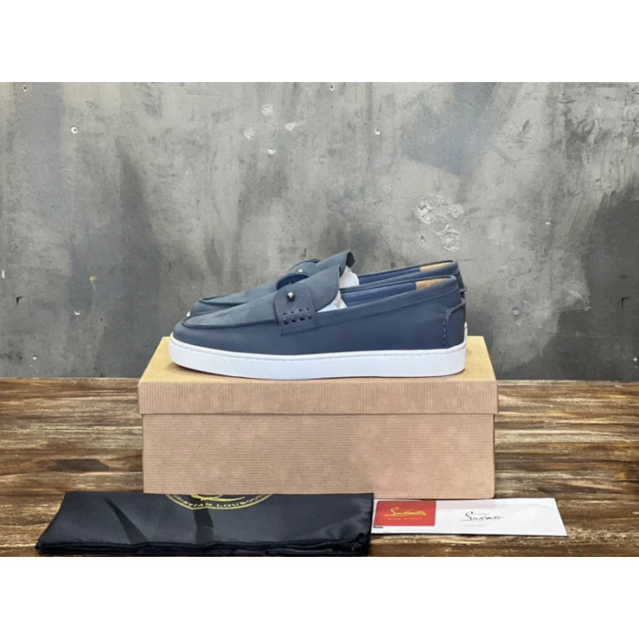 Christian Louboutin Slate Nubuck Leather Slip‑On Loafers