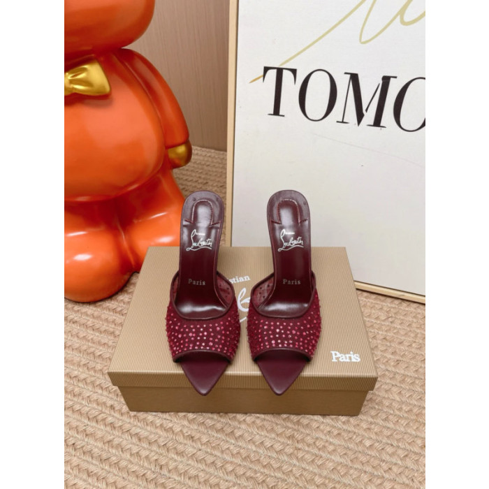 Christian Louboutin Burgundy Mesh Pink Crystal‑Embellished 100mm Pointed‑Toe Stiletto Heel Mules