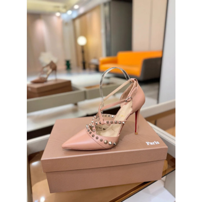 Christian Louboutin Nude Leather Spiked Crisscross Strap Pointed‑Toe High‑Heel Pumps