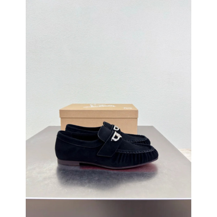 Christian Louboutin Black Suede Metal Ornament Slip‑On Loafers