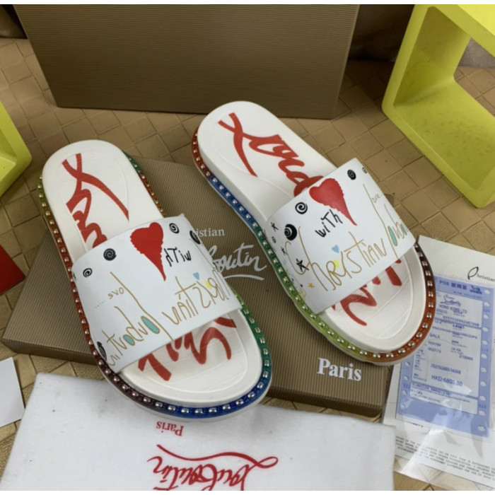 Christian Louboutin White Heart‑Graffiti Print Slides Rainbow Crystal‑Trimmed Sole