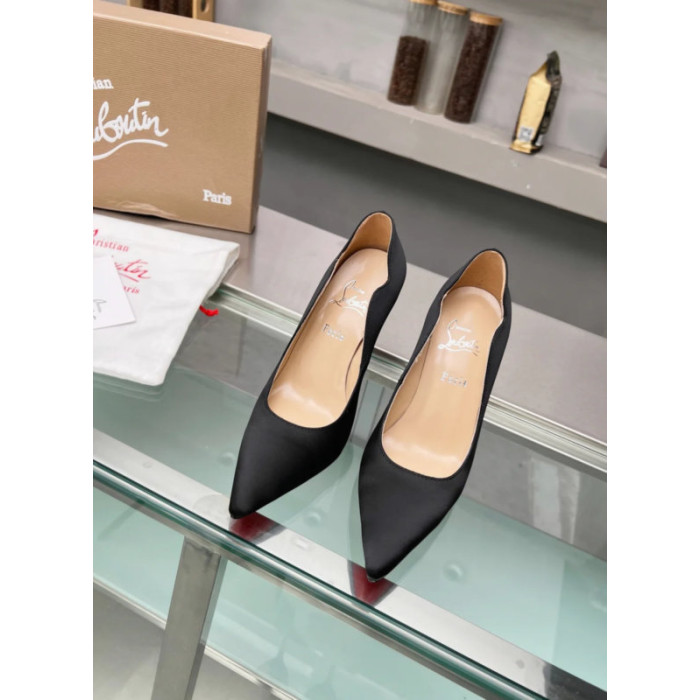 Christian Louboutin Black Satin Scalloped Pointed‑Toe 100mm High Heel Pumps