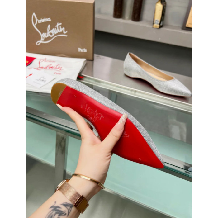 Christian Louboutin Silver Glitter Pointed‑Toe Low‑Wedge Heel Flats