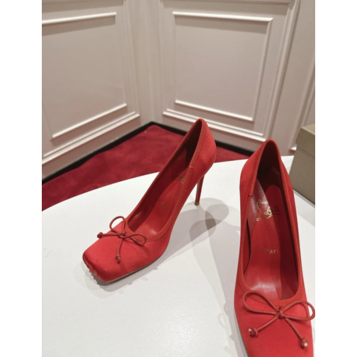Christian Louboutin Red Satin Bow 100mm Square Toe Stiletto Pumps