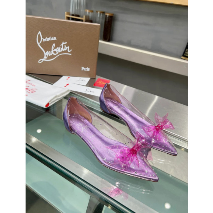 Christian Louboutin Purple Transparent PVC Pink Bow Crystal Pointed‑Toe Flat Pumps