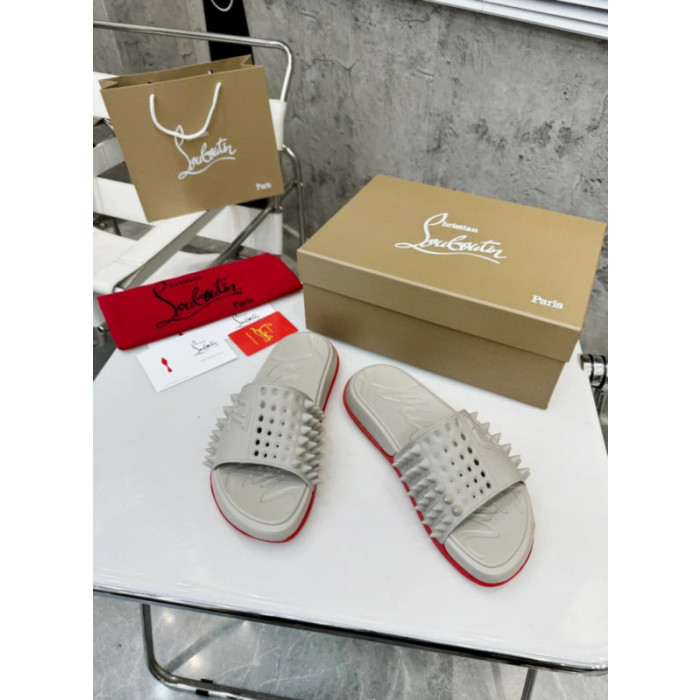 Christian Louboutin Beige Rubber Spiked Slide Sandal