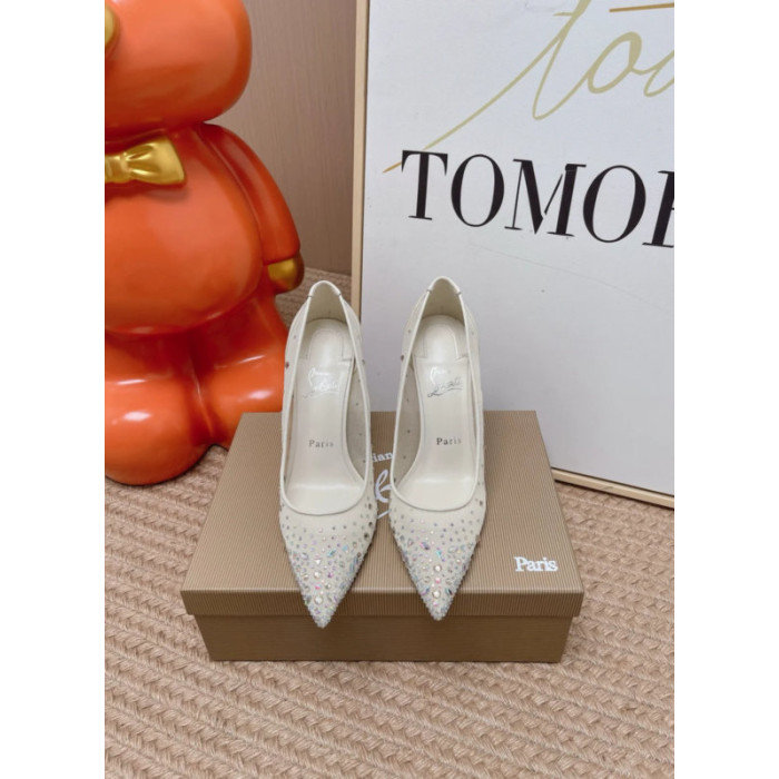 Christian Louboutin Ivory Mesh Crystal‑Embellished 100mm Pointed‑Toe Stiletto Heel Pumps