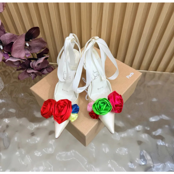 Christian Louboutin Ivory Satin Multicolor Rose Flower 100mm Stiletto Heel Slingback Pumps
