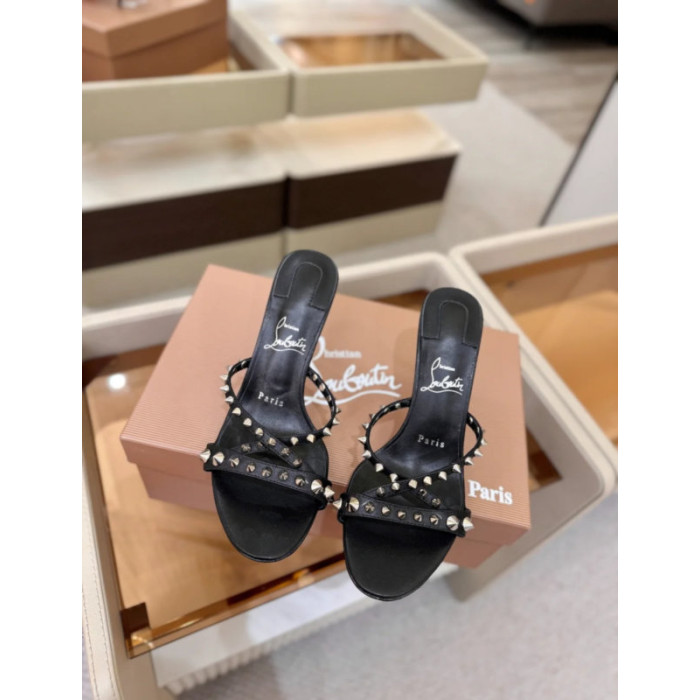 Christian Louboutin Black Nappa Leather 100mm heel Silver‑Spiked Mule High‑Heel Sandals