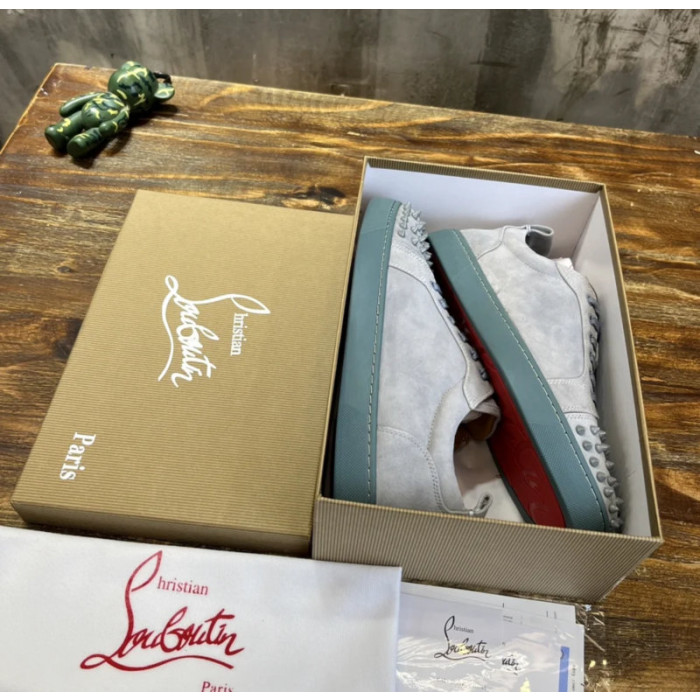 Christian Louboutin Light Grey Suede Tonal‑Spiked Low‑Top Men’s Sneakers