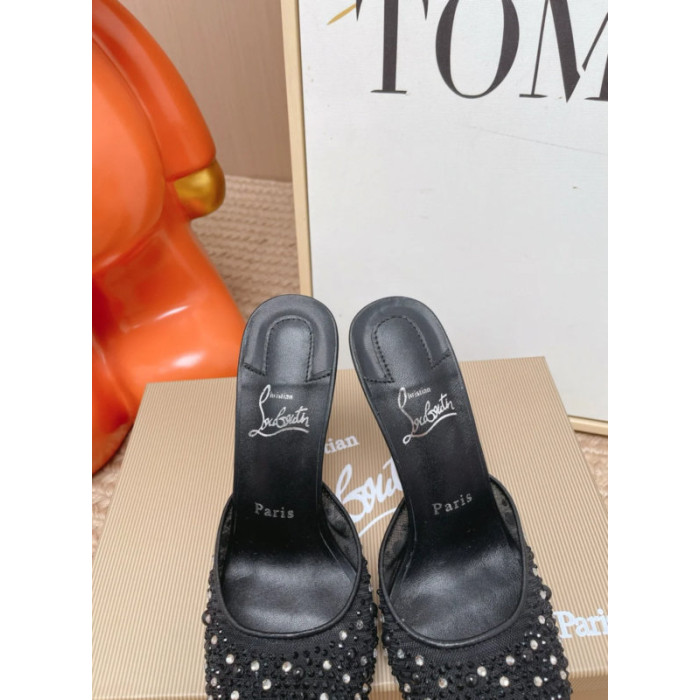 Christian Louboutin Black Tulle Rhinestone 100mm Stiletto Heel Backless Mules