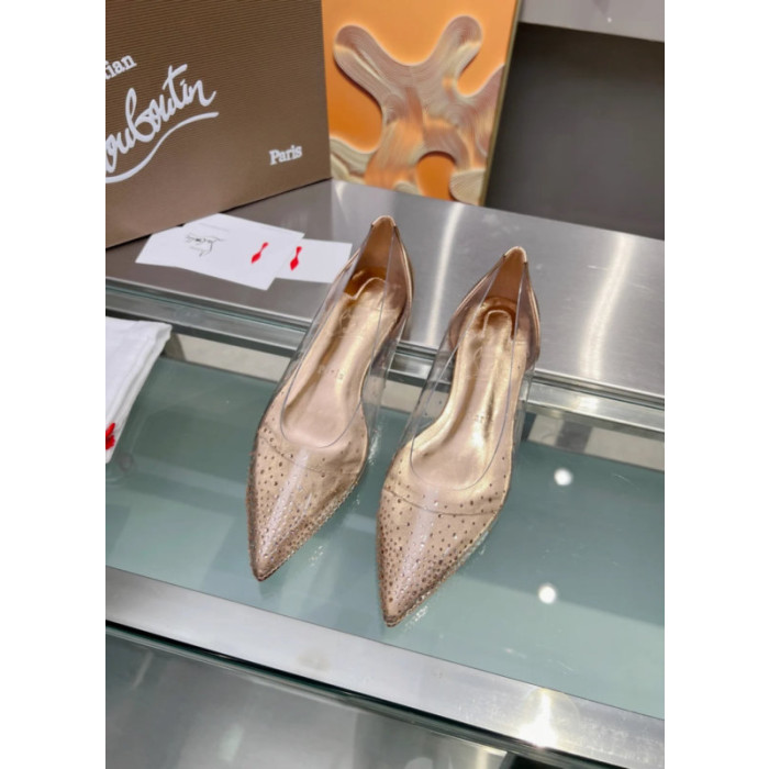 Christian Louboutin Clear PVC Gold Crystal Pointed‑Toe Flat Pumps
