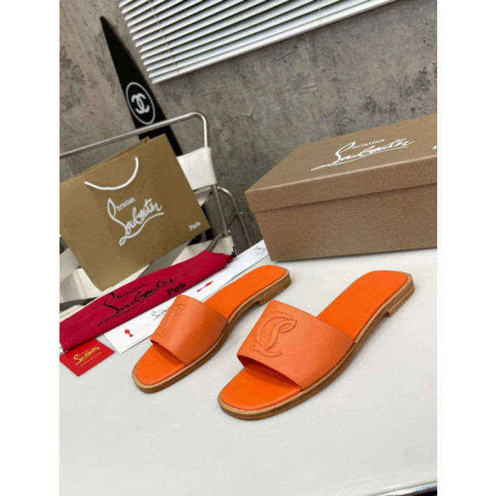 Christian Louboutin Vibrant Orange Leather Stitched Logo Wood‑trim Flat Slide