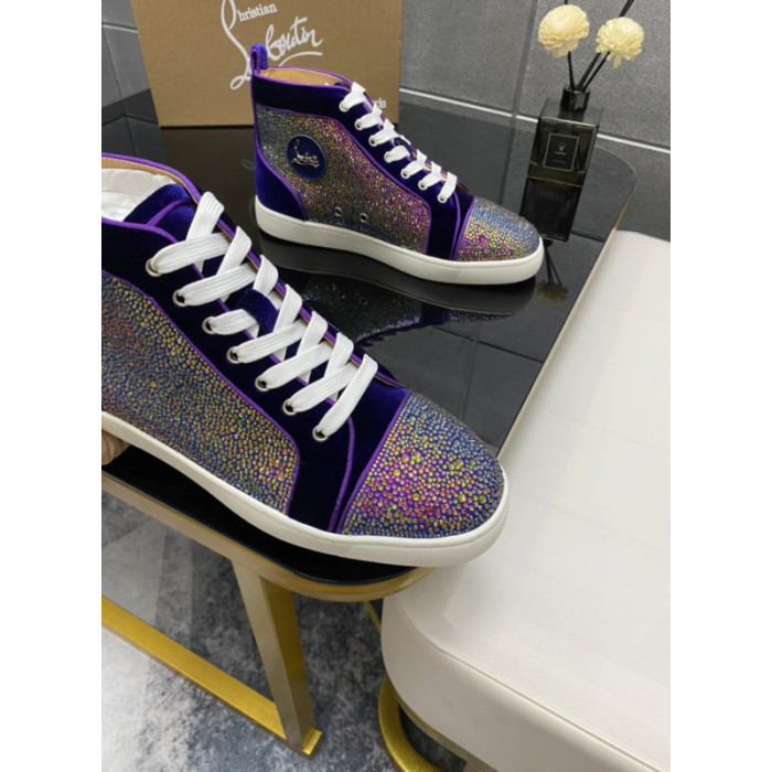 Christian Louboutin Purple Velvet Multicolor Rhinestone High‑Top Sneakers