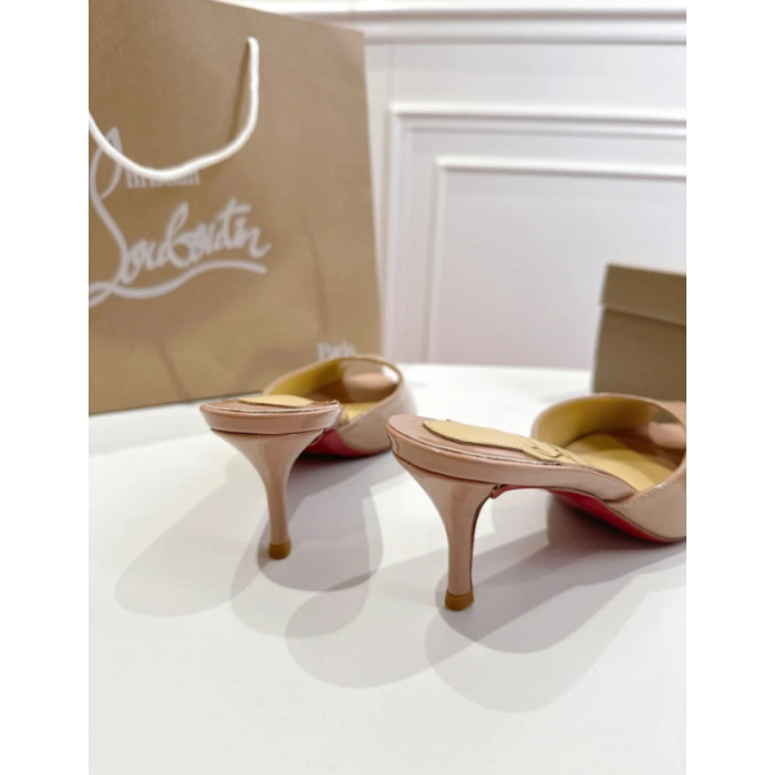 Christian Louboutin Nude Patent Peep‑Toe Kitten Heel Mules