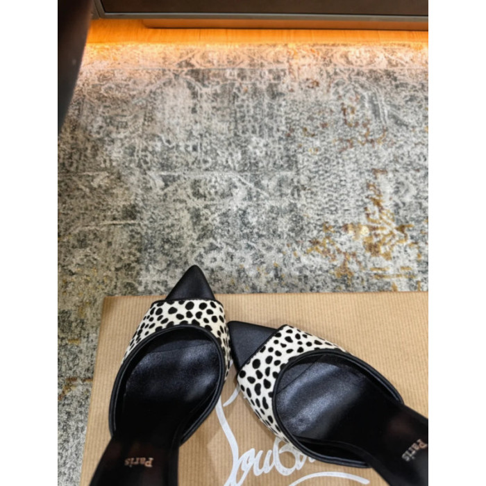 Christian Louboutin Dalmatian‑Print Calf Hair Backless Mule High Heel Sandals