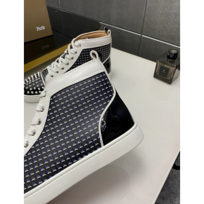 Christian Louboutin White Leather Geometric‑Print Silver‑Spiked High‑Top Sneakers