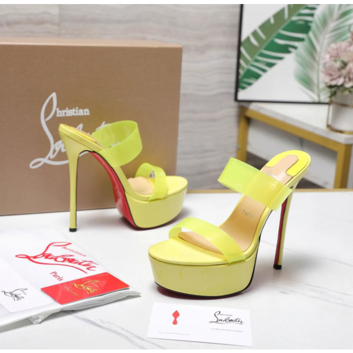 Christian Louboutin Neon Yellow Patent 150mm Clear‑Strap Platform Mule Heels