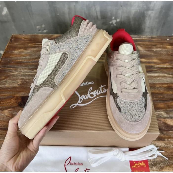 Christian Louboutin Beige Glitter Crystal Spiked Low‑Top Sneakers