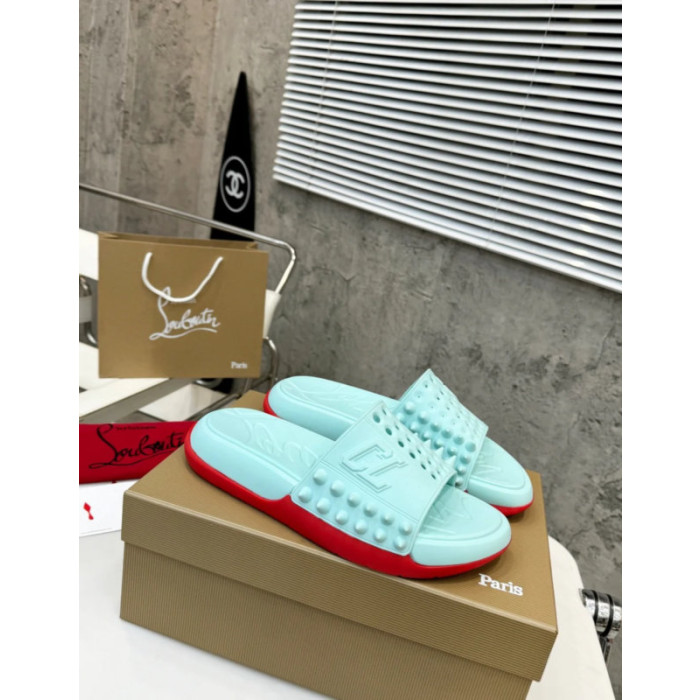 Christian Louboutin Mint Green Stud‑Embellished CL Logo Slide Sandals