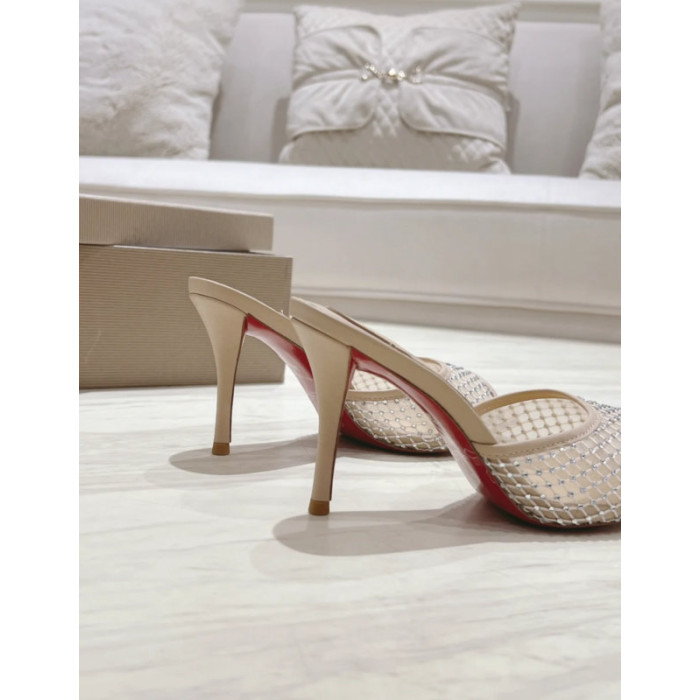 Christian Louboutin Beige Mesh Crystal‑Embellished 85mm Peep‑Toe Stiletto Heel Mules