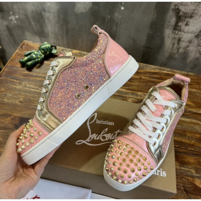 Christian Louboutin Pink‑Gold Glitter Spiked‑Toe Low‑Top Lace‑Up Sneakers