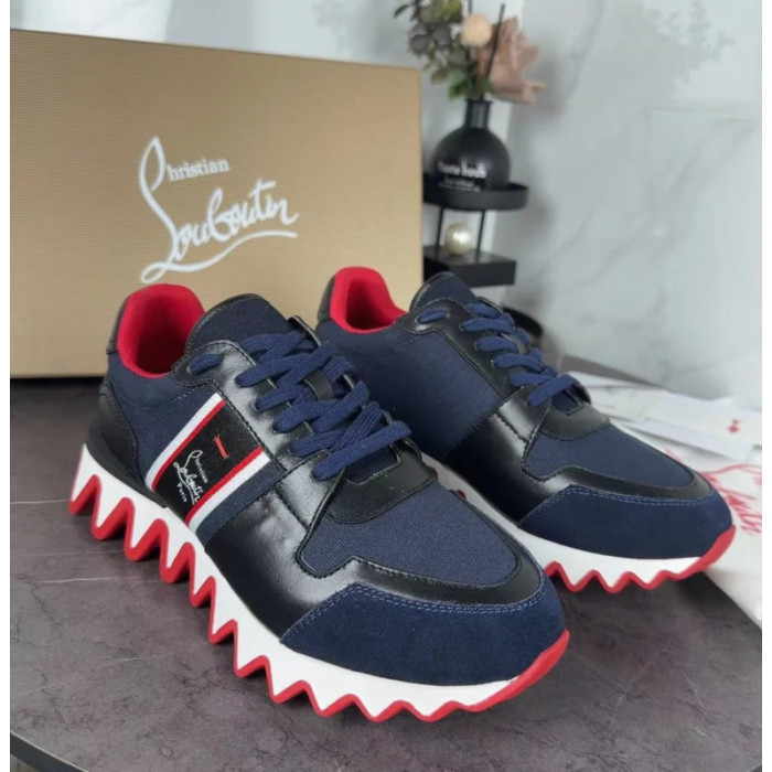 Christian Louboutin Navy‑Black Color‑Block Lace‑Up Sneakers Red Shark‑Tooth Sole