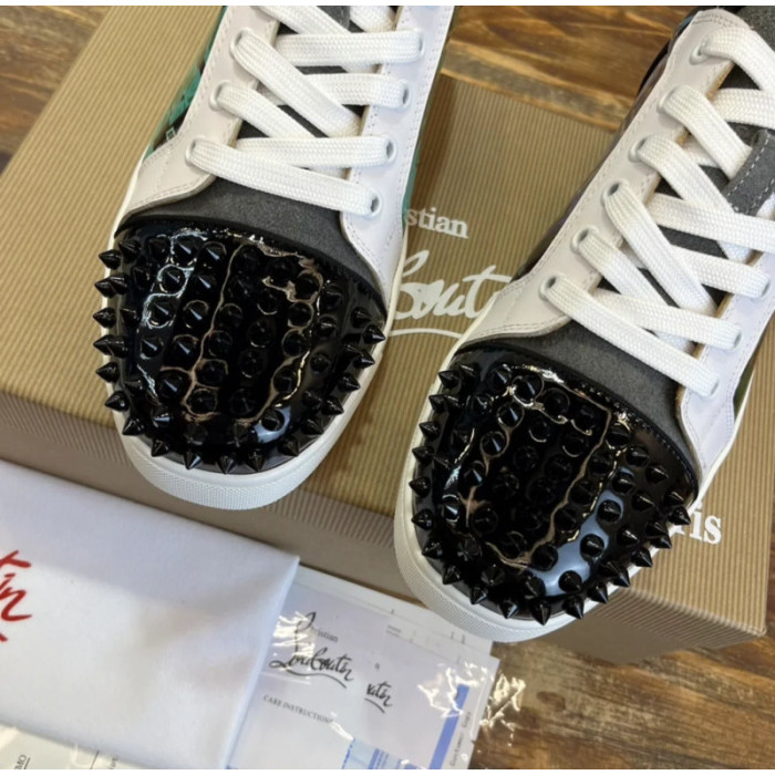 Christian Louboutin Green Graffiti‑Print Spiked‑Toe Low‑Top Lace‑Up Sneakers