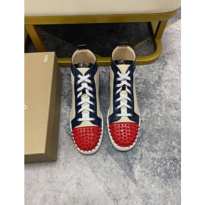 Christian Louboutin Cream Navy Red Spiked 20mm High‑Top Sneakers