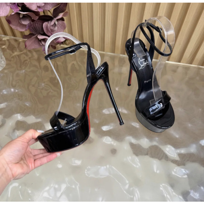 Christian Louboutin Black Patent Leather 150mm Platform Ankle‑Strap Stiletto Heel Sandals