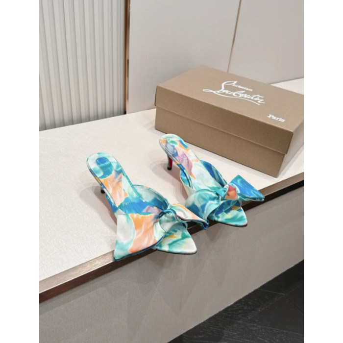 Christian Louboutin Tie‑Dye Satin Bow Mule Kitten Heel Sandals
