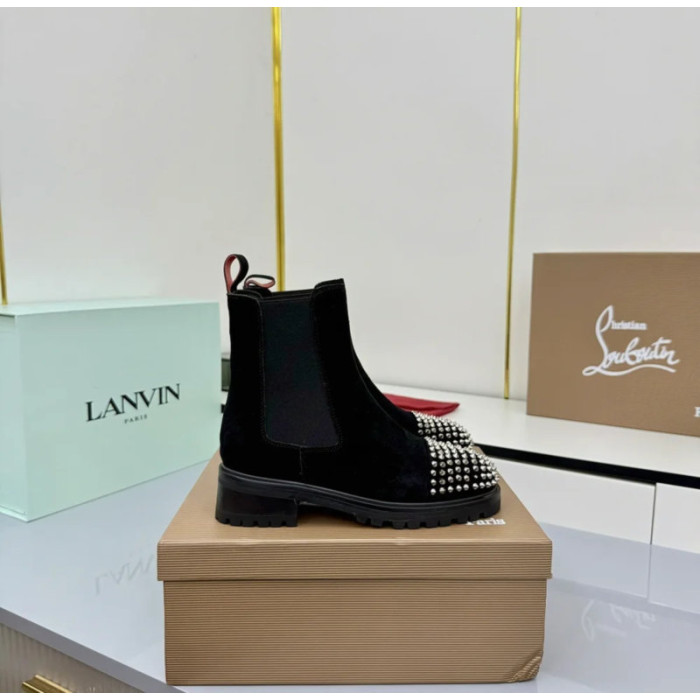 Christian Louboutin Black Suede Silver‑Spiked Chelsea Ankle Boots