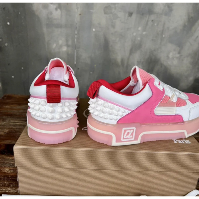 Christian Louboutin Pink White Mixed‑Media Spiked Low‑Top Sneakers