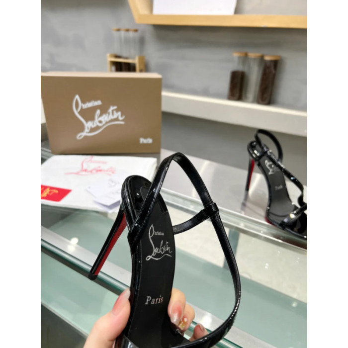 Christian Louboutin Black Patent Asymmetric Curved Strap Slingback Sandal 100mm heel