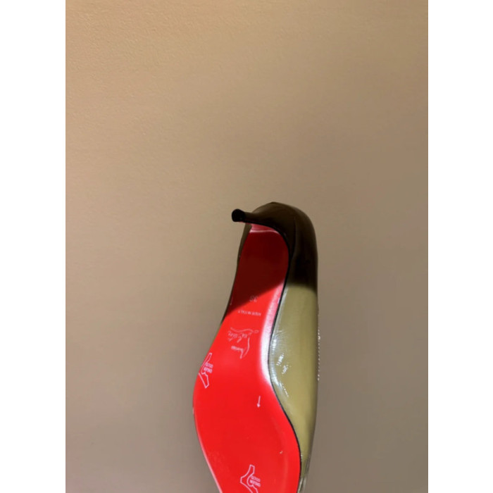 Christian Louboutin Taupe Patent 55mm Metal‑Tip Pointed Toe Kitten Heel Pumps