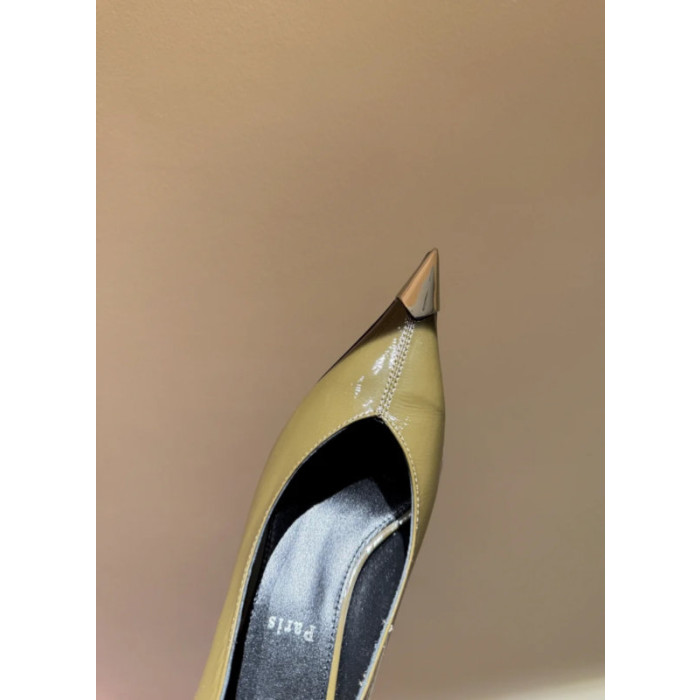 Christian Louboutin Taupe Patent 55mm Metal‑Tip Pointed Toe Kitten Heel Pumps