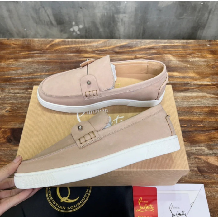 Christian Louboutin Nude Nubuck Metal‑Stud Slip‑On Loafers