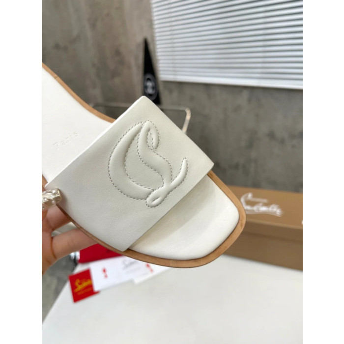 Christian Louboutin Stitched Logo White Leather Flat Slip‑on Slide