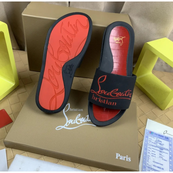 Christian Louboutin Black Slide Sandals With Red Embossed Signature Logo