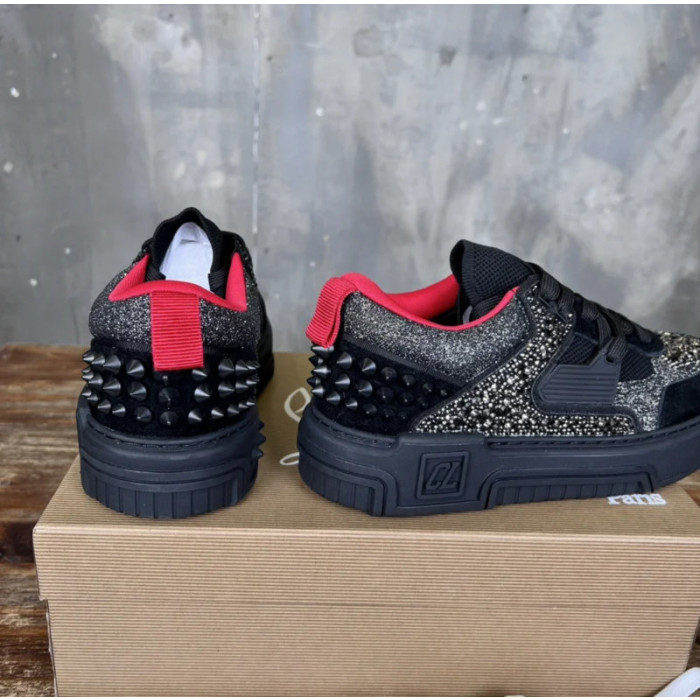 Christian Louboutin Black Suede Silver Glitter Spiked Platform Low‑Top Sneakers
