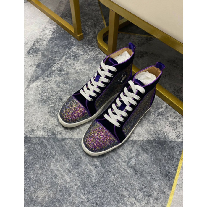 Christian Louboutin Purple Velvet Multicolor Rhinestone High‑Top Sneakers