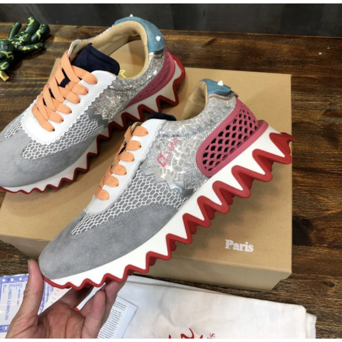 Christian Louboutin Multi‑Color Glitter‑Suede Mesh Lace‑Up Sneakers Red Shark‑Tooth Sole