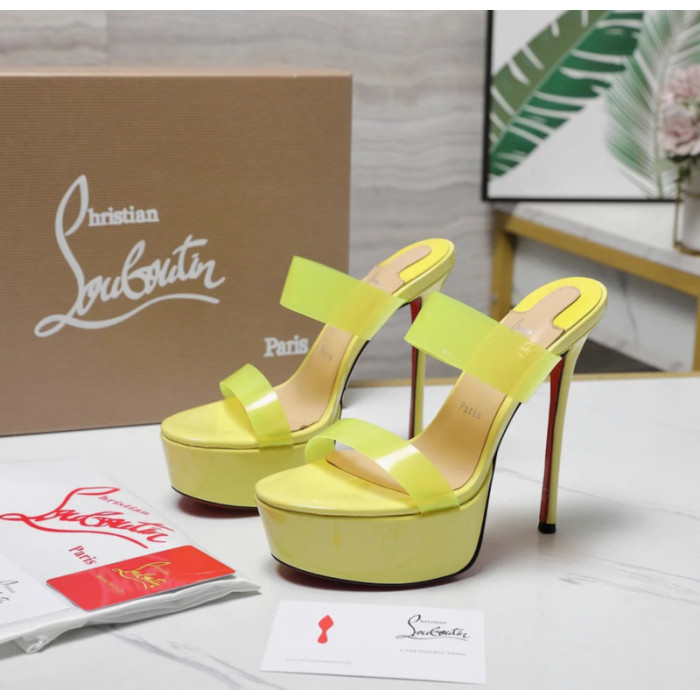 Christian Louboutin Neon Yellow Patent 150mm Clear‑Strap Platform Mule Heels